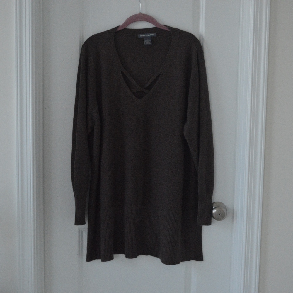 Brown Criss Cross Detail Split Hem V Neck Sweater